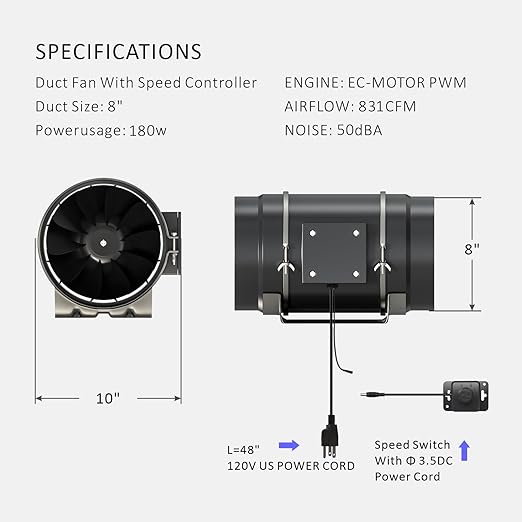 Toolazy Quiet 8" Inline Duct Fan 831 CFM Ventilation Exhaust Fan EC Motor and External 0-100% Variable Speed Controller for Heating Cooling Booster, Grow Tents, Hydroponics