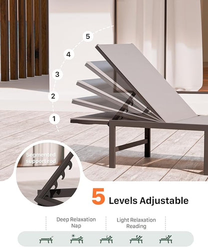 Chaise Lounge Chair Outdoor, Aluminum Patio Chairs with 5 Adjustable Backrest and Headrest Pillows for Outside Beach, Gray