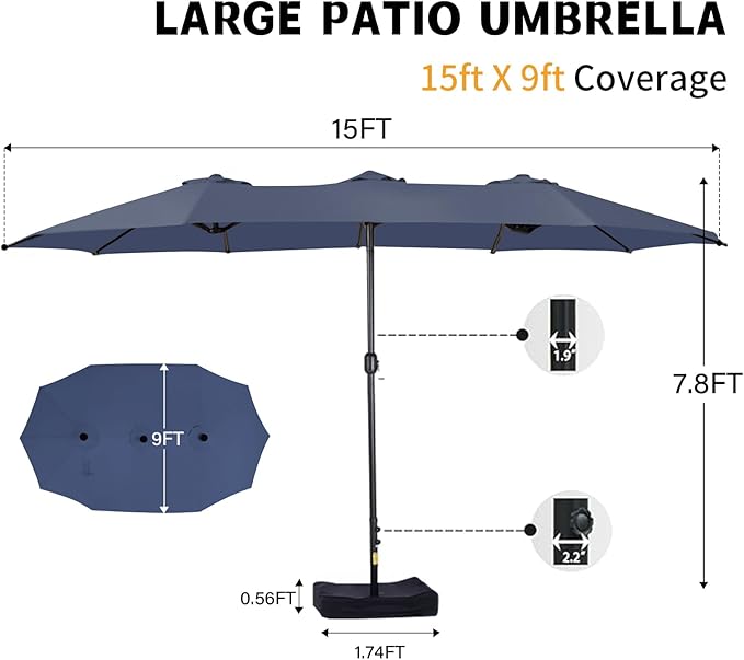15ft Large Patio Umbrellas with Base Included, Outdoor Double-Sided Rectangle Market Umbrella with Stand, Outside Umbrellas for Poolside Lawn Backyard