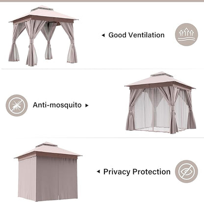 LAUSAINT HOME Outdoor Patio Gazebo 8'x8' with Expansion Bolts, Heavy Duty Gazebos Shelter Party Tent with Double Roofs, Mosquito Nettings and Privacy Screens for Backyard, Garden, Lawn, Khaki