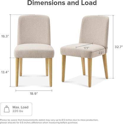 mopio Logan Upholstered Beige Parson Dining Chair Set of 2, Modern Farmhouse Solid Light Oak Wood with Ergonomic Curved Back Rest for Dining Room and Kitchen