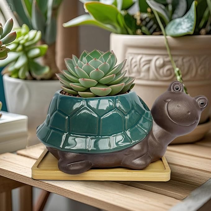 MUZHI Ceramic Bonsai Pot with Bamboo Tray SmilingTurtle Shape, Cute Animal Succulent Cactus Planter with Drainage Hole, Art Desk Decorations and Gift