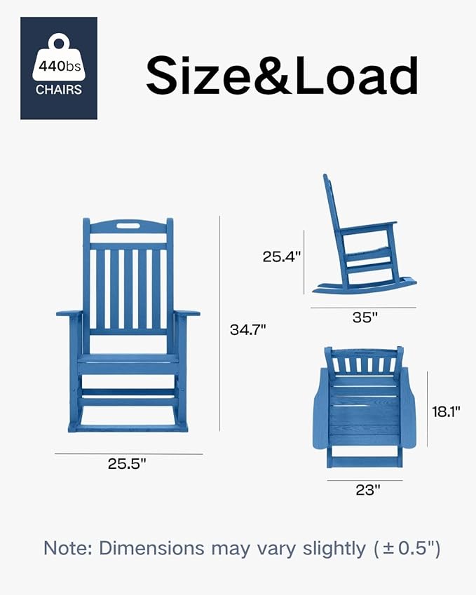 Kingdura Outdoor Rocking Chairs Set of 2, HDPE Plastic Patio Rocking Chair All-Weather Oversized Porch Rocker with High Back for Patio Outside Backyard Balcony (Navy Blue)