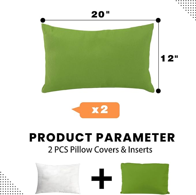 idee-home Outdoor Pillows with Inserts Included, Patio Outside Lumbar Pillows Waterproof Set of 2, 12 x 20 inch Green