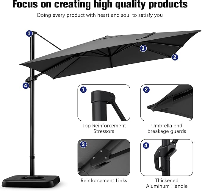 Hotime 10ft Patio Umbrella Outdoor Patio Height adjustable and Windproof, Heavy Duty Aluminum Square Offset Patio Umbrella Cantilever Pool Umbrella with 360°Rotation for Garden Deck Pool, Gray