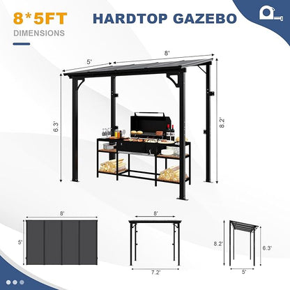 MEISSALIVVE 8' x 5' Gazebo Outdoor Pergola for Patio, Small Wall Mounted Lean to Metal Awnings with Sloped Roof, Heavy Duty Awnings for Patio, Decks, Backyard, Black