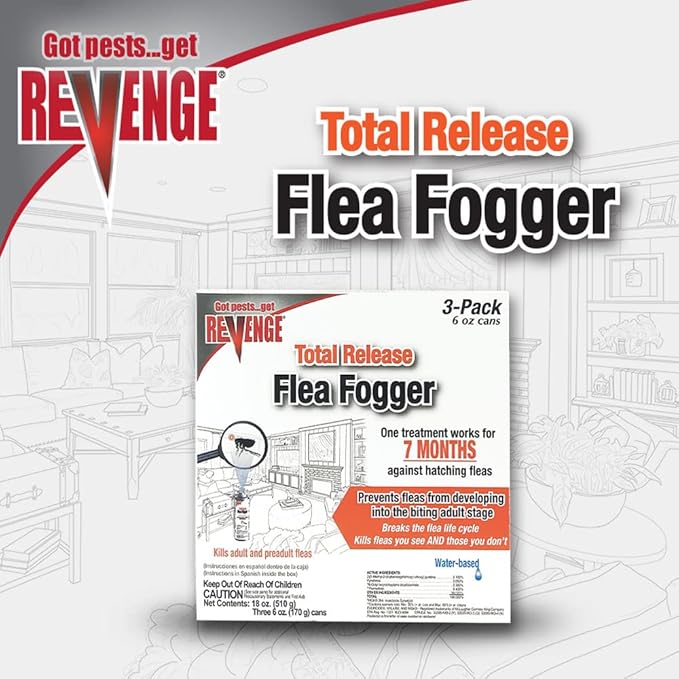 Revenge Total Release Flea Fogger, Pack of 3 6 oz Ready-to-Use Cans, Long Lasting Formula Kills Fleas and More