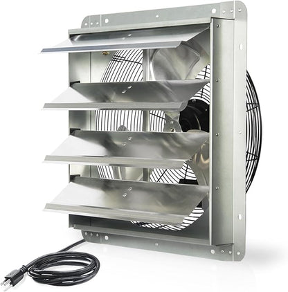 JVO 18 Inch Shutter Exhaust Fan - 2600 CFM High Velocity Wall Mounted Ventilator, 1.8m Power Cord, Auto Shutters - for Garage, Attic, Greenhouse, Shed, Shop, Workshop & Industrial Ventilation