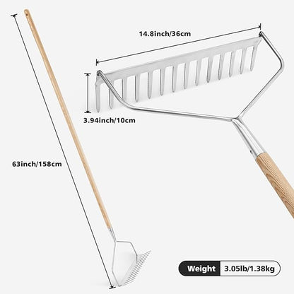 Berry&Bird 14 Tines Bow Rake for Gardening, 63-inch Garden Rakes Heavy Duty with Wooden Long Handle Stainless Steel Hard Rake for Lawn Loosening Soil, Weeding, Cleaning Leaves & Grass Cultivator Tool