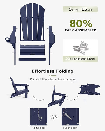 MUCHENGHY Folding Adirondack Chairs Set of 2, Patio & Outdoor Chairs, Plastic Weather Resistant with Cup Holder for Deck, Backyard, Garden (Dark Navy Blue)