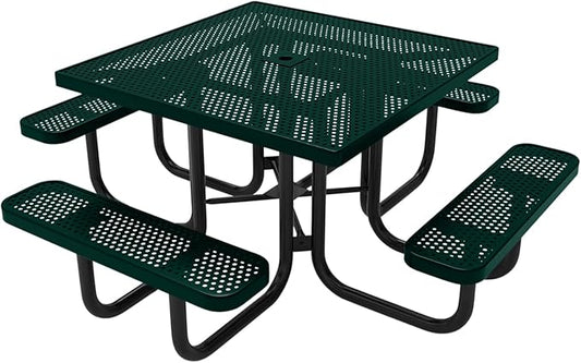 COATEDOUTDOORFURNITURE Heavy-Duty Portable Outdoor Picnic Table with Umbrella Hole, Punched Steel Commercial-Grade Patio Dining Furniture Made in America (46" Square Top, Textured Dark Green)