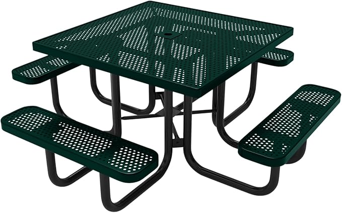 COATEDOUTDOORFURNITURE Heavy-Duty Portable Outdoor Picnic Table with Umbrella Hole, Punched Steel Commercial-Grade Patio Dining Furniture Made in America (46" Square Top, Dark Green)