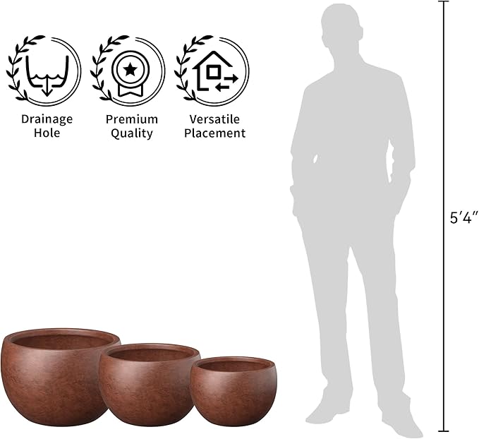 Kante 19.9" Dia Round Concrete Planter, Outdoor/Indoor Large Bowl Plant Pots with Drainage Hole and Rubber Plug for Garden Patio Balcony Home, Rusty