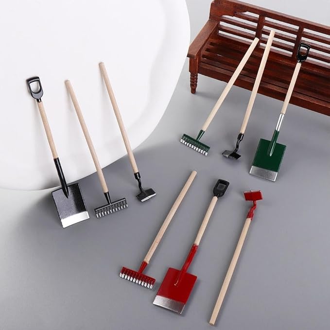 3Pcs Miniature Garden Tools 1:12 Mini Shovels and Rake Farm Tools Fairy Garden Furniture Dollhouse Accessories (Black)