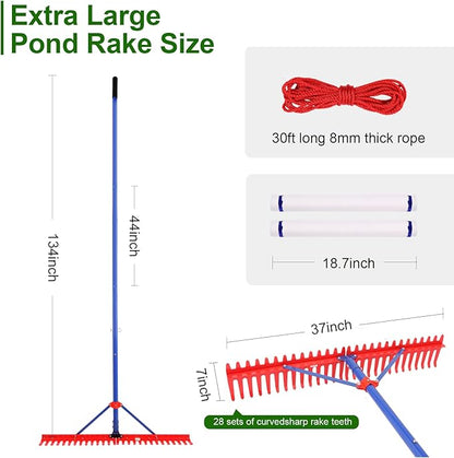 Lake Rake,Pond Weed rake,Heavy Duty Razer Rake,Large Pond Aquatic Rake-39 Wide Head with Alloy Tines , Floating Lake for Removal of Weeds Leaves & Floating Scum ,Shoreline & Beach Landscaping Tool