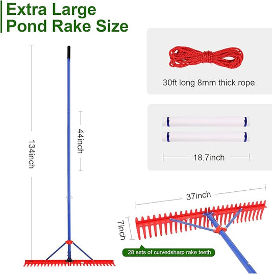 Lake Rake,Pond Weed rake,Heavy Duty Razer Rake,Large Pond Aquatic Rake-39 Wide Head with Alloy Tines , Floating Lake for Removal of Weeds Leaves & Floating Scum ,Shoreline & Beach Landscaping Tool
