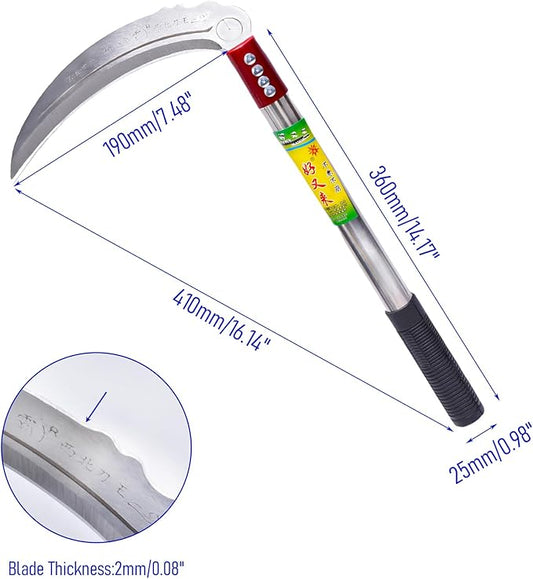 1pce 410mm/16.14in Stainless Steel Billhook Brush Clearing Sickle for Grass,Weeding Tools for Garden,Curved Sawtooth Sickle,Machete Axe for Cutting Trees,Steel Blade Knife in Hand