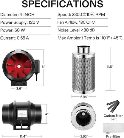 VIVOSUN Ventilation Kit 4 Inch 190 CFM Inline Duct Fan with 4"x 12" Carbon Filter Odor Control System with Australia Virgin Charcoal for Grow Tent Ventilation