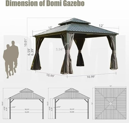 Domi 12’ X 12’ Hardtop Gazebo Canopy with Netting & Curtains, Outdoor Metal Gazebo with Galvanized Steel Double Roof for Patio Lawn and Garden, Gray