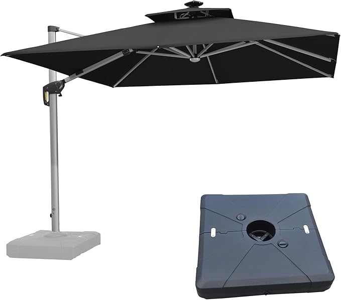 PURPLE LEAF 10 Feet Solar Powered LED Square Cantilever Umbrella With Base Patio Umbrellas Windproof Hanging Umbrella Outdoor Offset Umbrellas, Black