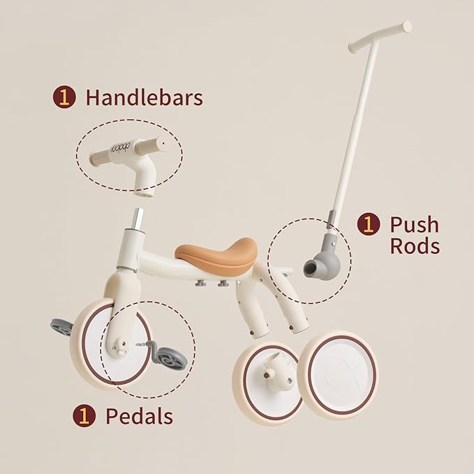 4-in-1 Toddler Tricycle with Adjustable Push Handle for 1-4 Year Old,Birthday Gift and Toy for Boys and Girls Removable Pedals Balance Bike&Scooter (Yellow)