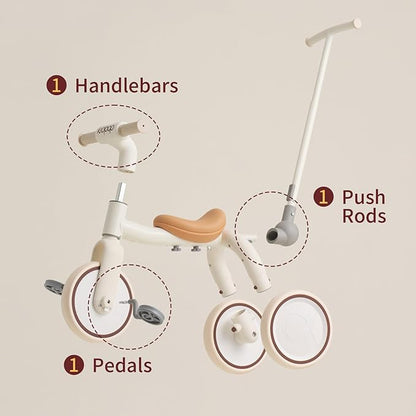 4-in-1 Toddler Tricycle with Adjustable Push Handle for 1-4 Year Old,Birthday Gift and Toy for Boys and Girls Removable Pedals Balance Bike&Scooter (White)