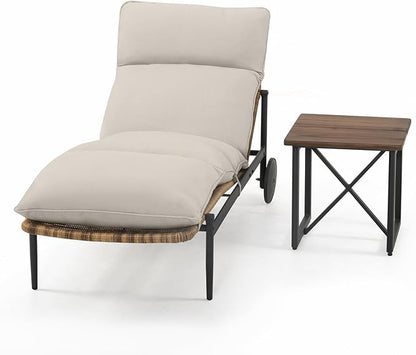 Chaise Lounge Chair Outdoor 2PCS - PE Rattan Wicker Patio Pool Lounge Chair with Cushion and Wheels, Aluminum Waterproof Lounger with Wood Side Table for Poolside Backyard Deck Porch