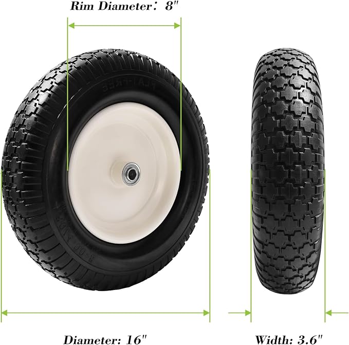 Parts Camp 4.80/4.00-8" Flat Free Wheelbarrow Tire and Wheel - 16" Universal Fit for Garden Wagon, Cart, Trolley, Dolly - 5/8" & 3/4" Bearings, 3" Centered Hub (2 Pack)