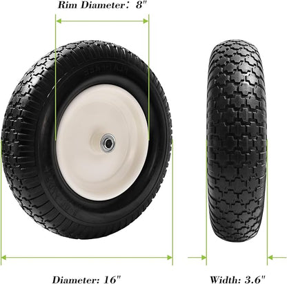 Parts Camp 4.80/4.00-8" Flat Free Wheelbarrow Tire and Wheel - 16" Universal Fit for Garden Wagon, Cart, Trolley, Dolly - 5/8" & 3/4" Bearings, 3" Centered Hub (2 Pack)