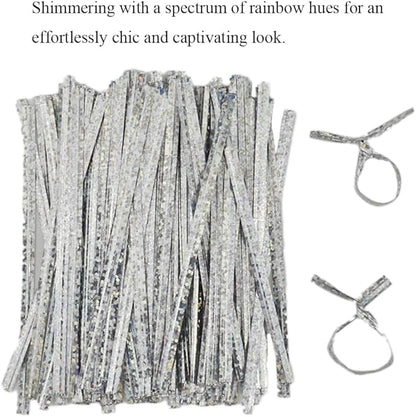 HAHIYO 300Pcs 4inches Holographic Silver Metal Twist Ties Bread Candy Coffee Bag Ties Plant Garden Twist Ties for Cellophane Treat Bags Gift Wraping Bags Plastic Bags Party Cake Present Art Crafts