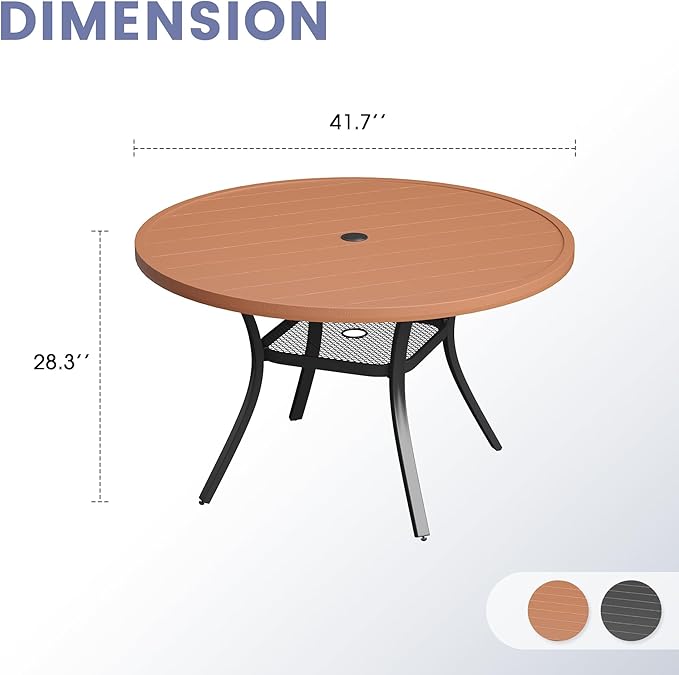 VICLLAX Outdoor Patio Round Dining Table, 41.7"x 41.7" Plastic Tabletop with Storage Shelf for Deck Lawn Garden Backyard, Walnut
