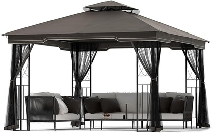 11x13 Outdoor Patio Gazebo with Mosquito Netting and Corner Frame Screen Wall, Double Roofs Metal Frame Party Canopy Tent Shelter for Backyard Garden Deck - Brown