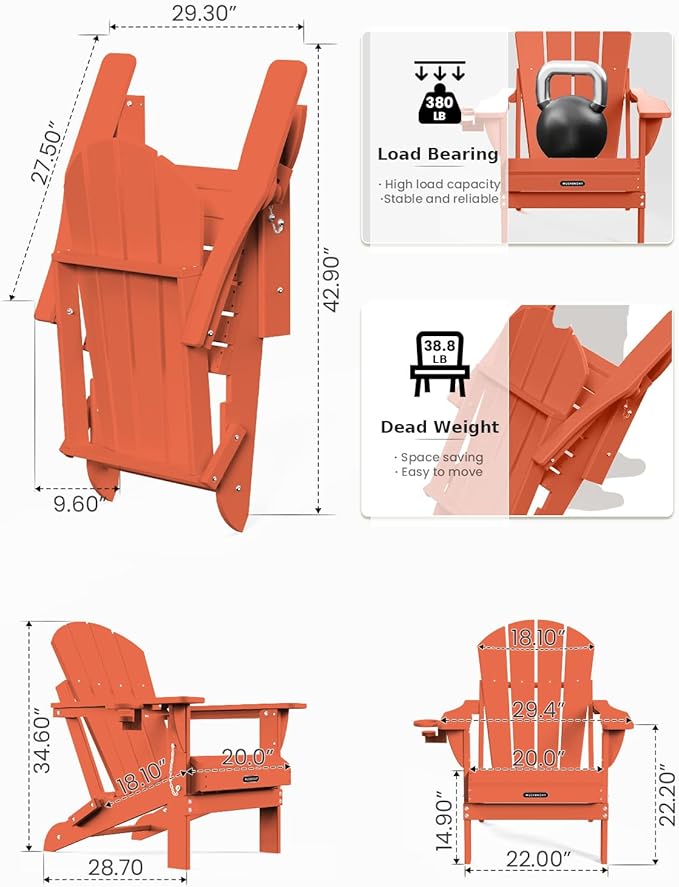 MUCHENGHY Folding Adirondack Chairs Set of 4, Patio Chairs, Lawn Chairs, Outdoor Chair, Adirondack Chair Plastic, Fire Pit, Weather Resistant with Cup Holder for Deck, Backyard, Garden(Orange)