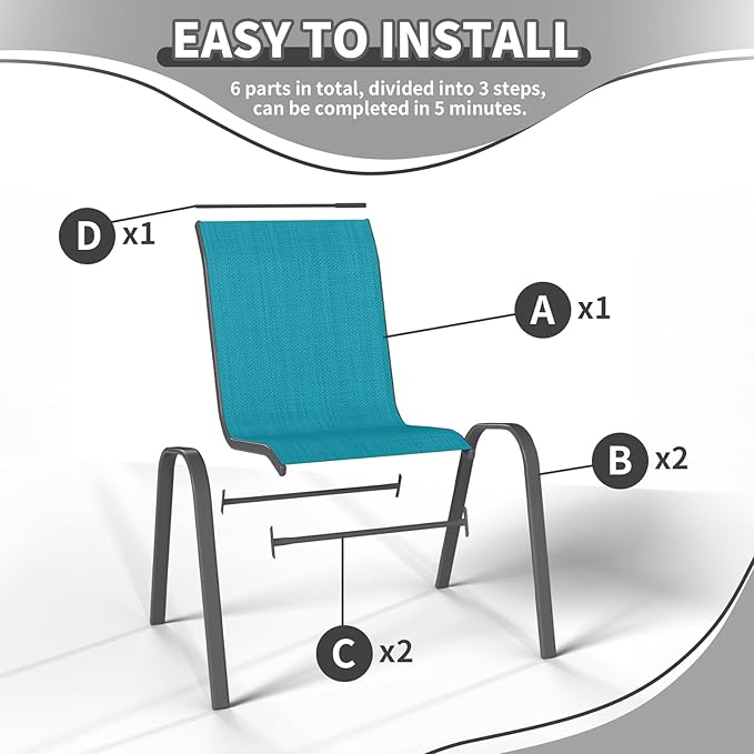 Patio Dining Chairs Set of 6, Stackable Dining Chairs High Back, Breathable Seat Fabric and Alloy Steel Frame Fit Backyard, Porch, Lawn，Poolside (Sky Blue)