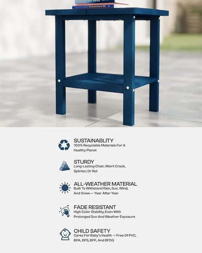 Kingdura Adirondack Outdoor Side Table, 16 x 13 Inches HDPE Plastic Outside End Tables for Patio Pool Porch Backyard Indoor, 2 Tiers Storage Shelf, All Weather Resistant, Easy Maintenance (Navy Blue)