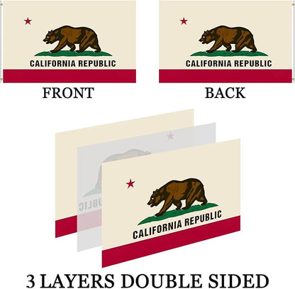 Double Sided California Republic State Flag Banner 3x5 Outdoor- UV Fade Resistant- Cali CA Bear Flags Banners- 3Ply 240D 4 Rows Stitched With Canvas Header & 2 Brass Grommets