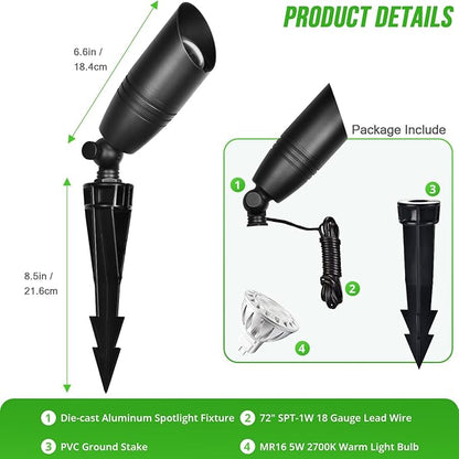 wowlite Landscape Spotlights Outdoor, 12V Low Voltage Landscape Lighting Fixture with 5W MR16 LED Bulb, Black Aluminum Yard Directional Uplights Waterproof for House Trees Patio