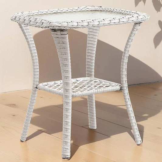 Outdoor Side Tables for Patio, Wicker/Rattan End Tables, Outdoor Wicker Side Table, Light Beige Rattan Glass Top Patio Side Table