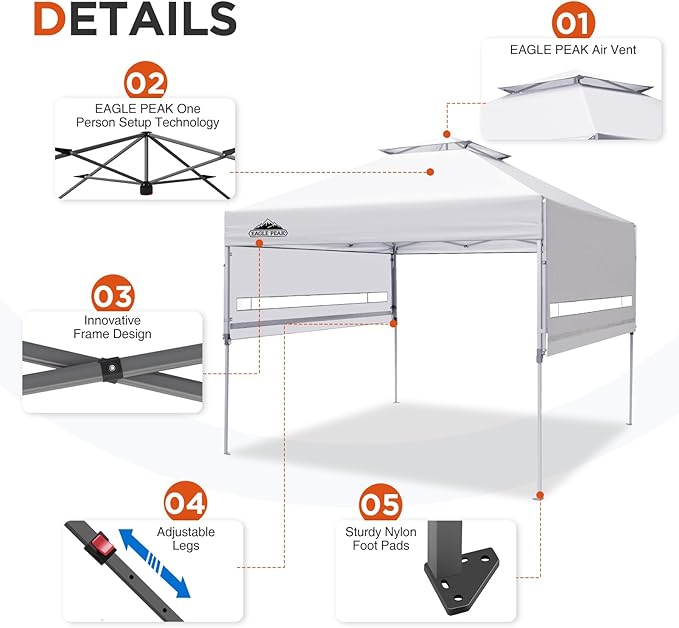 EAGLE PEAK 17x10 Pop up Gazebo Canopy Tent Outdoor Instant Canopy Shelter with Adjustable Dual Half Awnings (White)