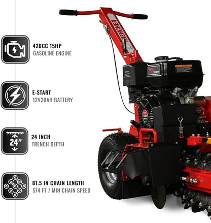 420cc 15HP E-Start Gas Powered Cable Ditching Trencher, 24'' Trench Depth, 27pcs Carbide Alloy High-Pressure Teeths, TCR1500 (Red)