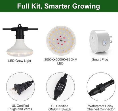 Outdoor Grow Lights Waterproof, Full Spectrum String Grow Light with 22FT Light String Cord for Seedling, Veg, Flower in Greenhouse, Garden, Backyard, Farm (12 Lights, with Smart Plug)