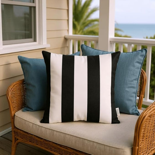 RSH Décor: Set of 4 Square and Lumbar Accent Pillows | Indoor/Outdoor All Weather Polyester Fabric | Reversible | 17” x 17” & 20" x 12" | Black & White Stripe