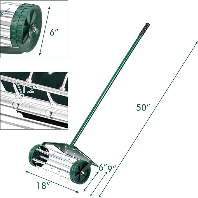 S AFSTAR Rolling Lawn Aerator with Fender, 18-Inch Hand-Push Lawn Aerator Roller W/50-Inch Anti-Slip Handle & Tine Spikes, Heavy-Duty Spike Soil Aeration Tool, Manual Lawn Aerator for Dirt Sand Clay