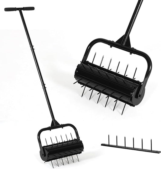 SMONTER Manual Lawn Aerator, 17” Heavy Duty Rolling Aerator Lawn Tool for Yard Garden, Aeration Tool with Spike Soil Penetrator