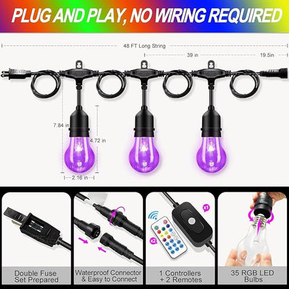 Auroraworld 48FT RGB Outdoor String Lights, Dimmable Color Changing Waterproof LED Patio Lights with Remote & E26 Shatterproof Edison Bulbs for Bistro Backyard Garden Party Decor