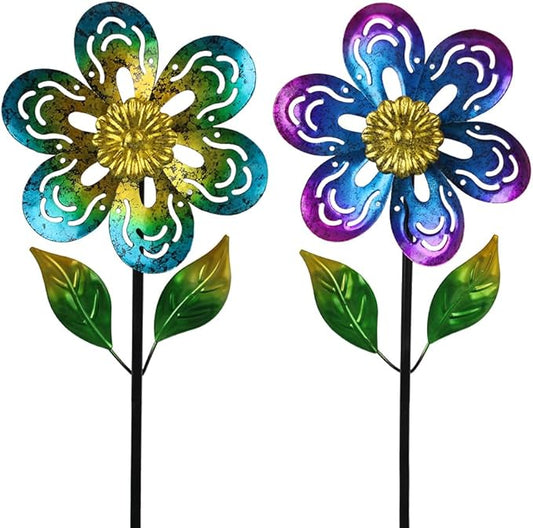 Viveta 2 Pack Wind Spinners,Flower Garden Sculpture, Metal Windmill, Green and Purple Pinwheels for Yard Lawn Patio Decor