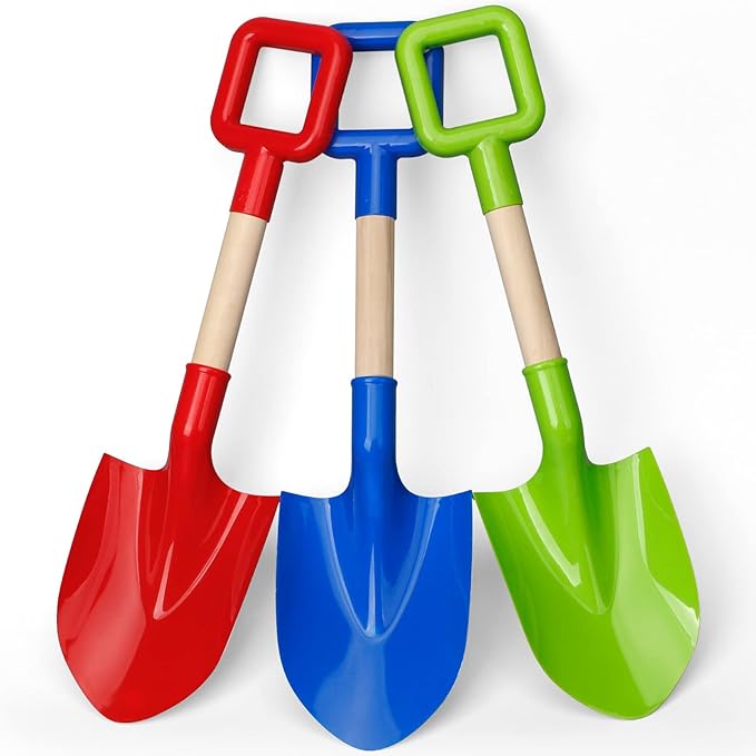 16'' Long Kids Beach Shovels Sand Spade Toys Gardening Tools with Wooden Handled, ABS Plastic Sturdy Scoop for Shoveling Digging Sand Snow Sandbox Backyard Summer Travel (3PCS - Blue Green Red)
