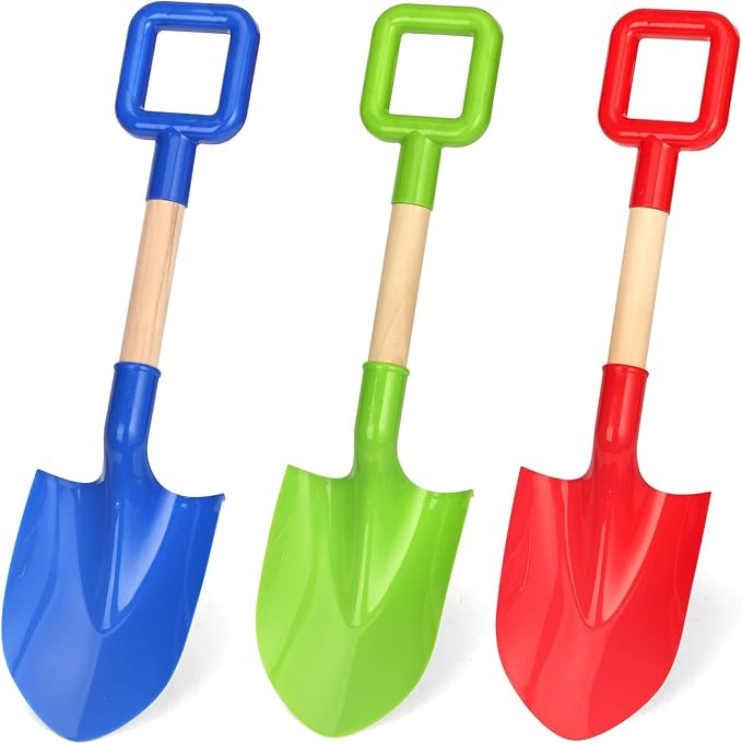 16" Beach Sand Shovels Toys for Kids, Gardening Tool Kits, Sturdy Long Wooden Spade for Sand Snow Digging, ABS Plastic Scoops Equipment Gift for Summer Winter Camping Backyard Planting (3PCS)