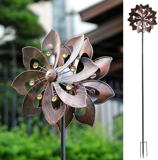 Solar Copper Wind Spinner with Glass Ball Color Changing LED Lighting with Kinetic Wind Mill Dual Direction for Patio Lawn Garden Holiday Decoration…