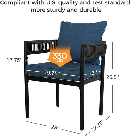 Grand patio Outdoor Dining Chair Set of 2, 2 Pieces Patio Dining Chairs, Metal Woven Wicker Fixed Patio Chairs with Peacock Blue Cushions for Backyard, Deck, Garden, Porch, Lawn and Poolside (Brown)